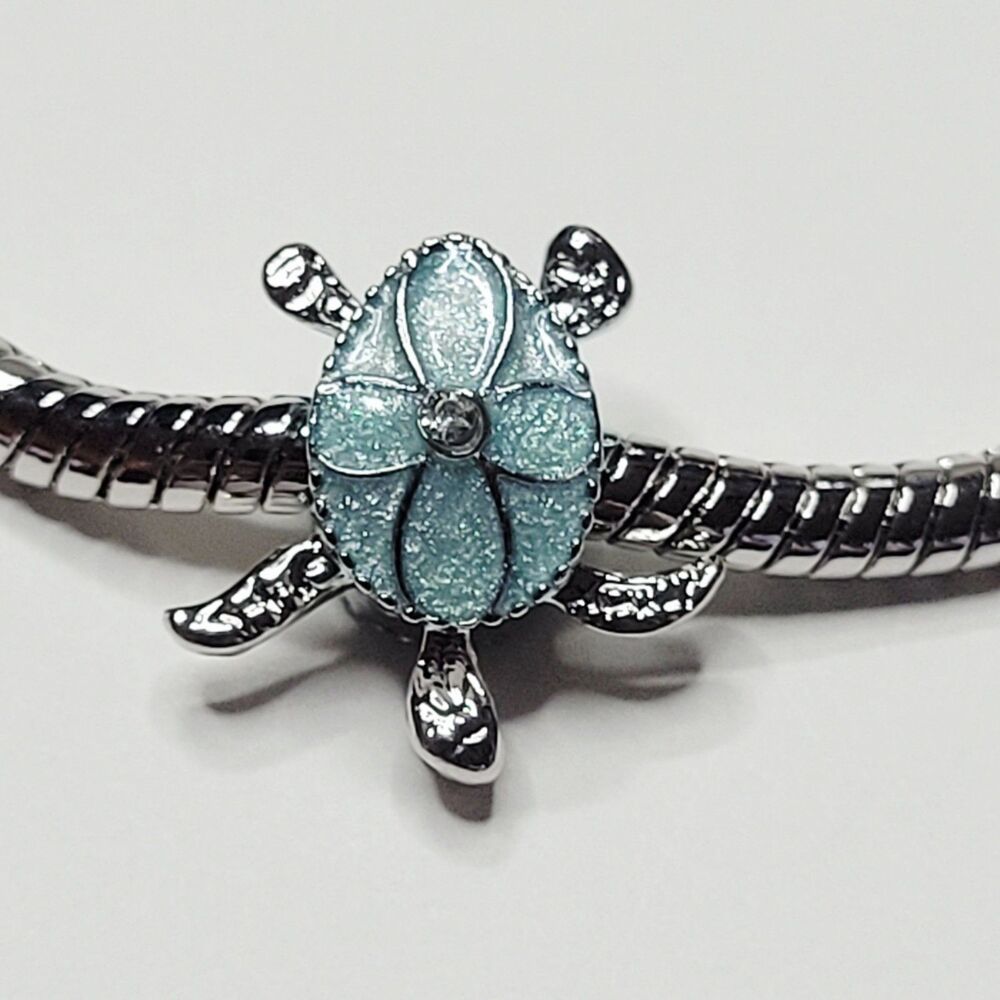 NWT For Pandora Charm Bracelet Gorgeous Pearl Aqua Blue And Silver Turtle Slider